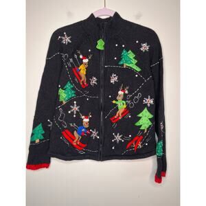 2000s Y2K Tiara International Skiing Reindeer Kidcore Funny Christmas Cardigan L